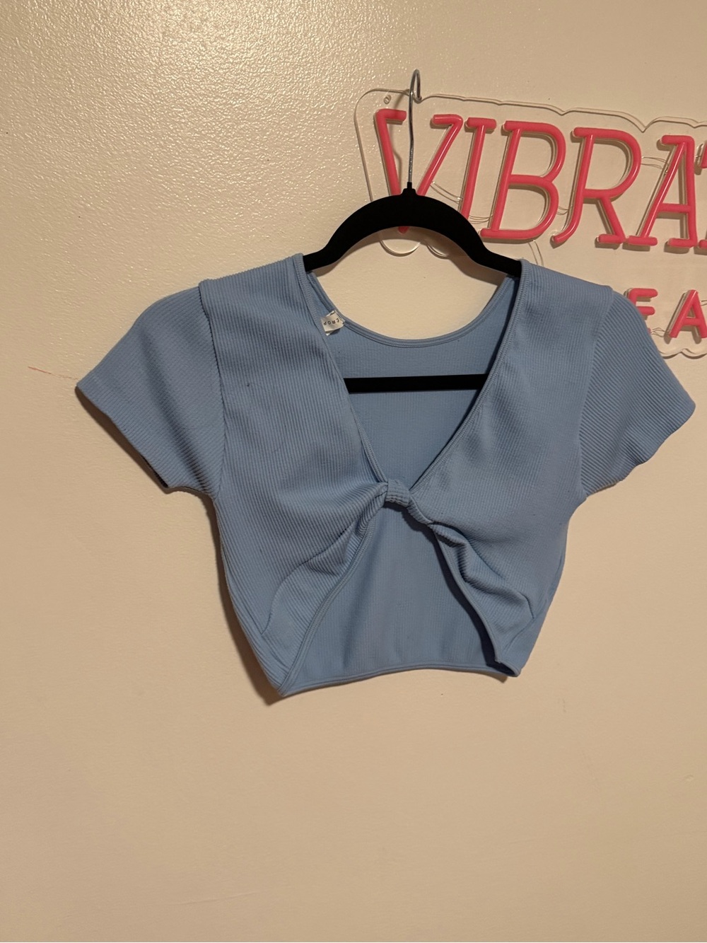 Aeropostale Light Blue Ribbed Tie-Front Crop Top - Women